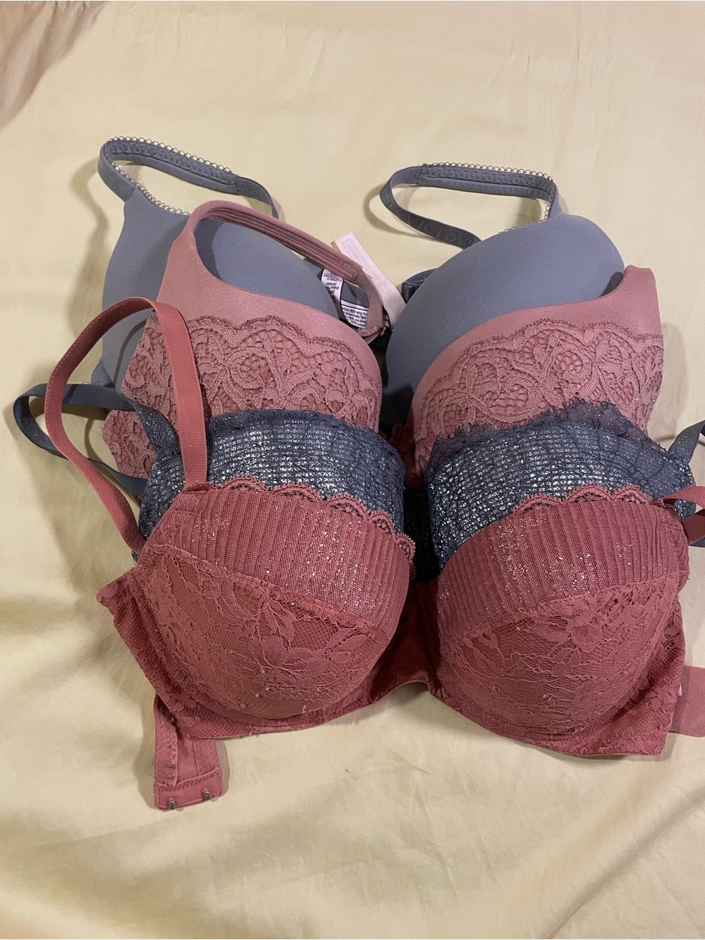 Victoria's Secret Mauve Pink and Heather Gray Lace Push-Up Bras (Set of 4)